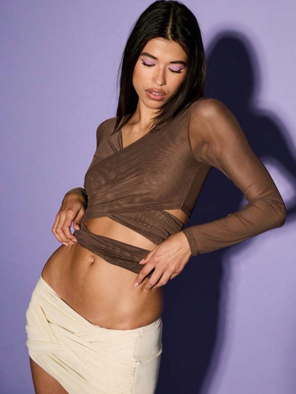Sheer Brown Wrap Crop Top with Long Sleeves